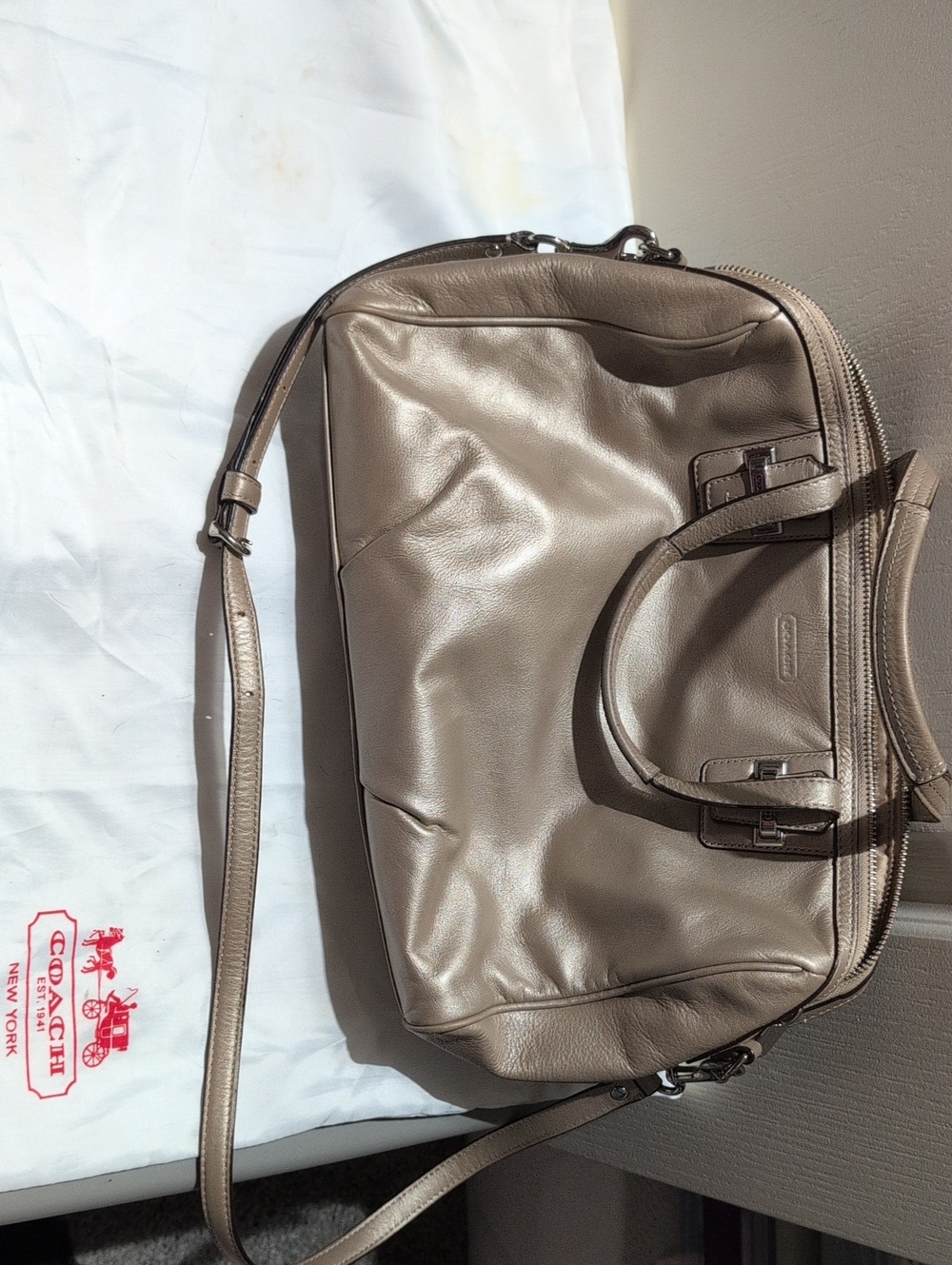Coach Metallic Taupe Leather Handbag with Crossbody Shoulder  Strap